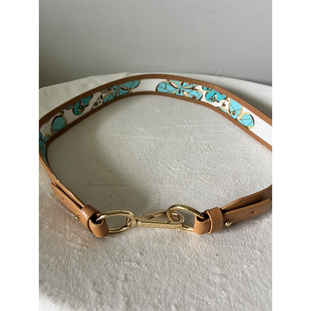 WOLFORD Women's Tan Leather with Graphic Floral Print Buckle Belt Gold Size 90